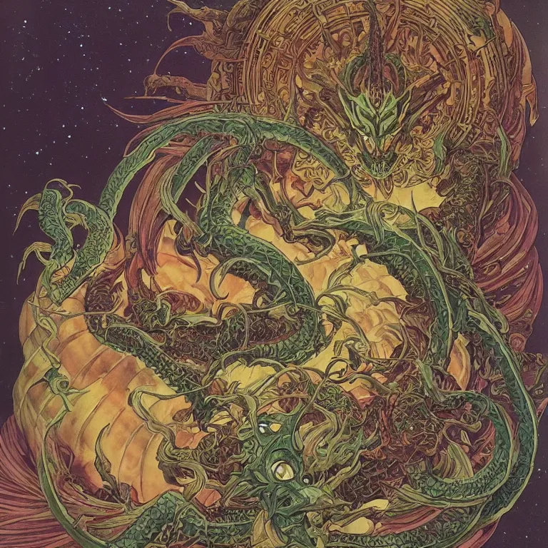 Image similar to portrait of Shenron The Eternal Dragon of the Earth Dragon Balls by Jeff Easley and Peter Elson + beautiful eyes, beautiful face + symmetry face + border and embellishments inspiried by alphonse mucha, fractals in the background, galaxy + baroque, gothic, surreal + highly detailed, intricate complexity, epic composition, magical atmosphere + masterpiece, award winning + trending on artstation