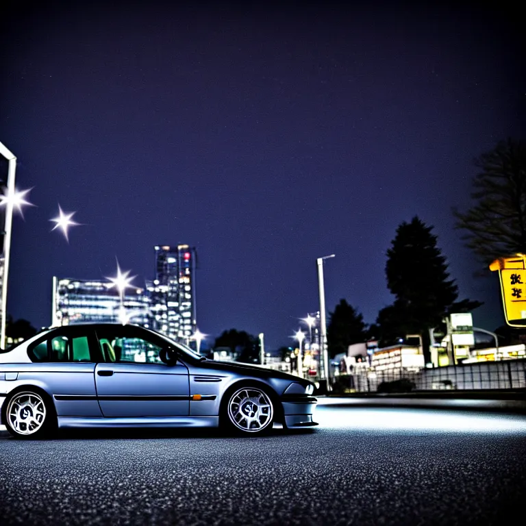 Image similar to close-up-photo BMW E36 middle of street, Saitama prefecture, stars, night, cinematic color, photorealistic, highly detailed,