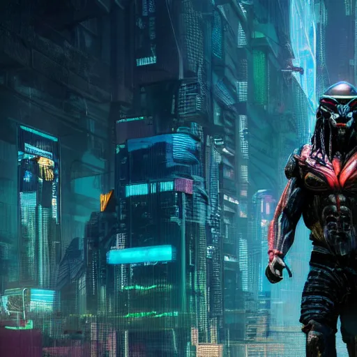 Image similar to high quality photo of The Predator in a cyberpunk cyberpunk cyberpunk city, realism, 8k, award winning photo