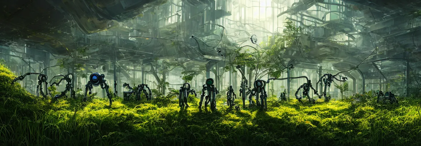 Image similar to brightly sunlit overgrown with plants and abandoned organic chemistry laboratory from the distant future staffed by dysfunctional multiarmed bipedal robots, science fiction industrial hard science concept art, 8K render octane high definition cgsociety