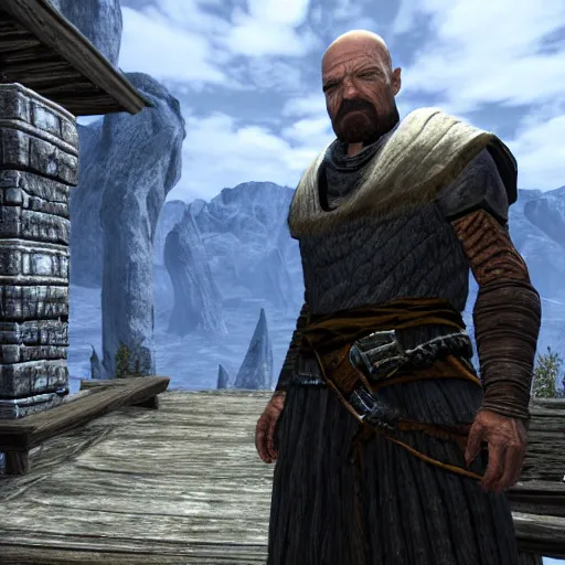 Prompt: screenshot of Walter White as a mage in The Elder Scrolls: Skyrim, pc game, rtx, ray tracing, nvidia geforce experience