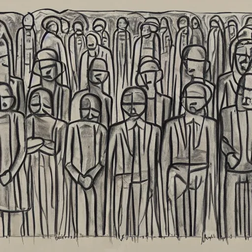 Image similar to mournful ultraviolet by bill ward, by ben shahn. a beautiful drawing of a group of people standing in a line. they are all facing the same direction & appear to be waiting for something.