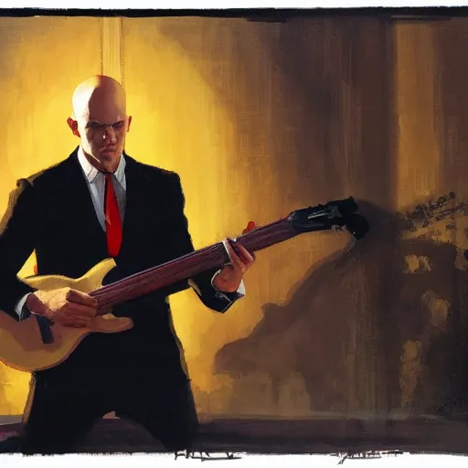 Image similar to a portrait of agent 4 7 from hitman playing a guitar in a monestary, by gregory manchess, james gurney, james jean