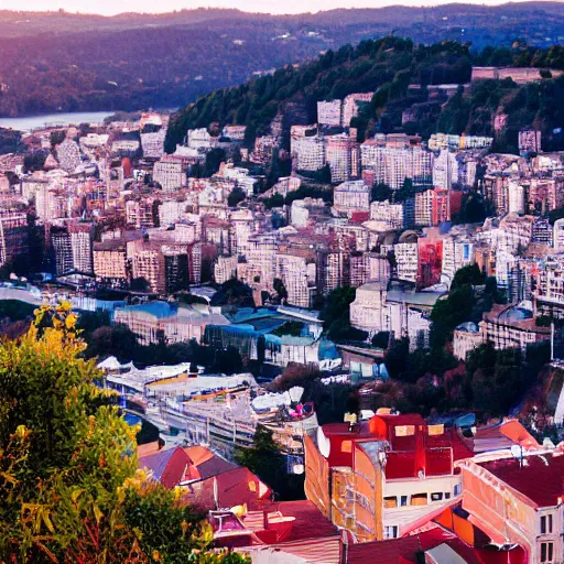 Image similar to city on a cliff, small city on hillside cliff, golden hour