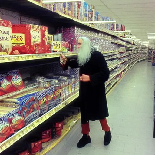 Prompt: Gandalf stacking shelves at a supermarket, depressing