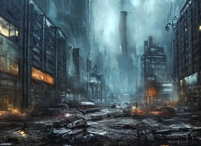 Image similar to an unbelievable dystopian scene, highly detailed, contrasting colours, dark