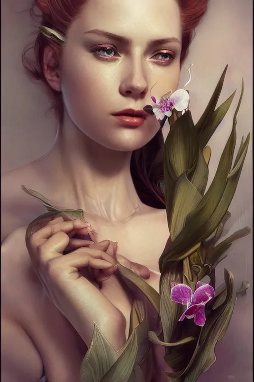 Image similar to ultra realistic illustration, beautiful feminine orchid, close up shot, cyberpunk, sci-fi, fantasy, intricate, elegant, highly detailed, digital painting, artstation, concept art, smooth, sharp focus, illustration, art by artgerm and greg rutkowski and alphonse mucha, rene magritte, surrealism