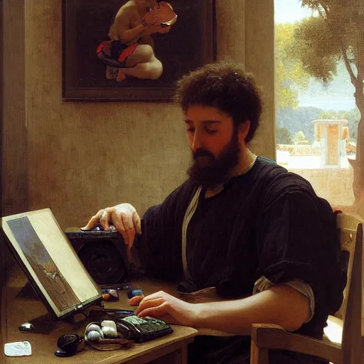 Image similar to an oil painting of an man playing a PC gaming, by Bouguereau, highly detailed and intricate,