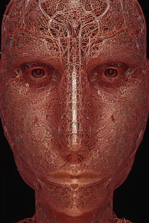 Image similar to a melancholic realistic 8k Sculpture of a complex robotic human face, liquid simulation, bright psychedelic color, dramatic lighting, silver gold red details, hexagonal mesh wire, filigree intricate details, cinematic, fleshy musculature, white blossoms, elegant, octane render, art nouveau, 8k post-processing, intricate art by John Collier and Albert Aublet and Krenz Cushart and Artem Demura and Alphonse Mucha