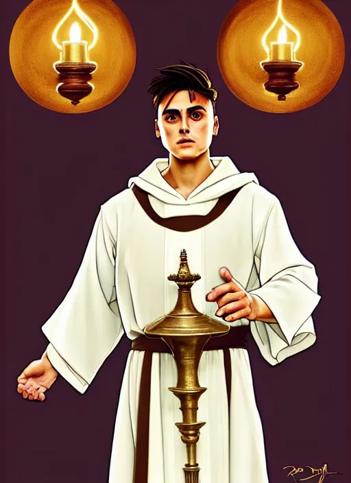 Image similar to paulo dybala as a priest wearing robes. holding golden candlestick, in a monestry natural lighting, path traced, highly detailed, high quality, digital painting, by don bluth and ross tran and studio ghibli and alphonse mucha, artgerm