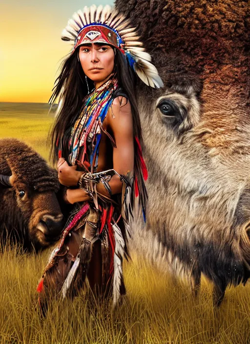 Image similar to hyper detailed realistic photo of an American Indian warrior princess wearing a headdress, in a field with a bison at sunset, long black hair, hd, 8k, muted colors,award winning photography