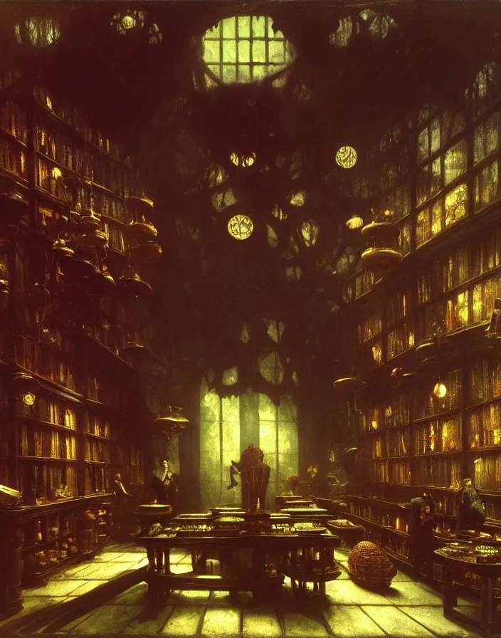 Prompt: interior of a magic shop in arkham horror of lovecraft in 1920 by Albert Bierstadt, Herbert James Draper, Arnold Bocklin, Caspar David Friedrich, Sir Lawrence, Alma-Tadema , Karl Heilmayer, JMW Turner 4k post-processing highly detailed matte painting