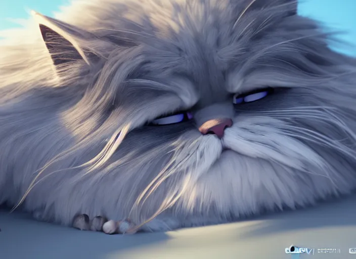 Image similar to a wholesome animation key shot of a persian cat sleeping, long fur, close up, studio ghibli, pixar and disney animation, sharp, rendered in unreal engine 5, clear sky, anime key art by greg rutkowski, bloom, dramatic lighting