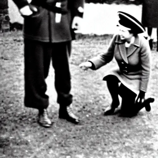 Prompt: ultra wide 1 9 4 6 blurry historical photo of a single german general kneeling before a young queen elizabeth in a french village, her brown and white corgis are next to her, highly detailed, sharp focus