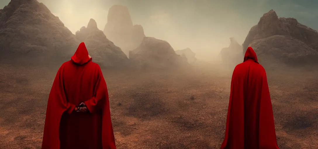 Image similar to an evil demon wearing red robes in a desert, evil face, bright eyes, sunny weather, rendered in octane, realistic, 8 k, vivid, intricate, detailed, mist, fog, dramatic light