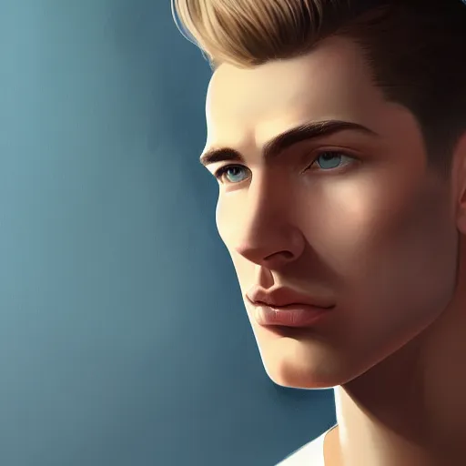 Image similar to tall man in his twenties with brown blond short quiff hair and thin slightly round facial structure with cleft chin, straight eyebrows and prominent nose, good definition of cheekbones, big hazel nut brown eyes, narrow face, slim body, atmospheric lighting, painted, intricate, 4 k, highly detailed by charlie bowater