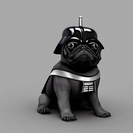 Image similar to 3 d rendered hyper realistic hyper detailed black pug wearing a pug - shaped darth vader helmet, octane render, blender, 8 k