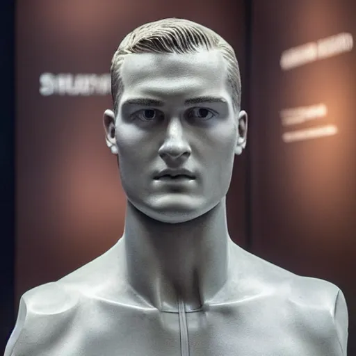 Image similar to a realistic detailed photo of a guy who is an attractive humanoid who is half robot and half humanoid, who is a male android, soccer player matthijs de ligt, shiny skin, posing like a statue, blank stare, at the museum, on display