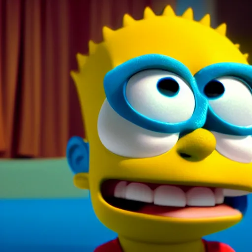 Image similar to film still of Bart Simpson in Monster Inc from Pixar, octane render, volumetric, raytracing, trending on artstation