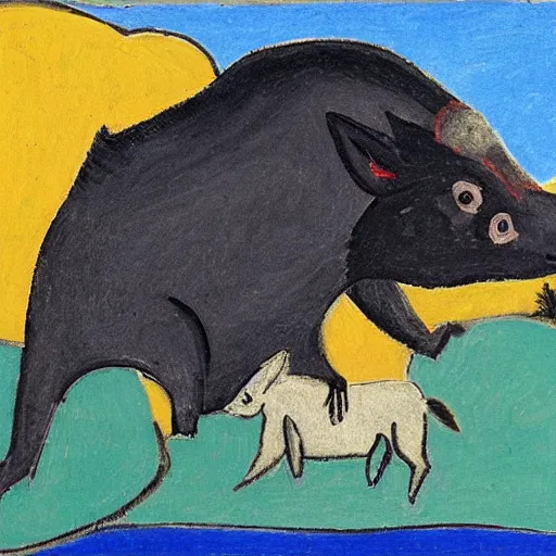 Prompt: a collared peccary protecting a girl's heart floating on a lake, in the style of Matisse