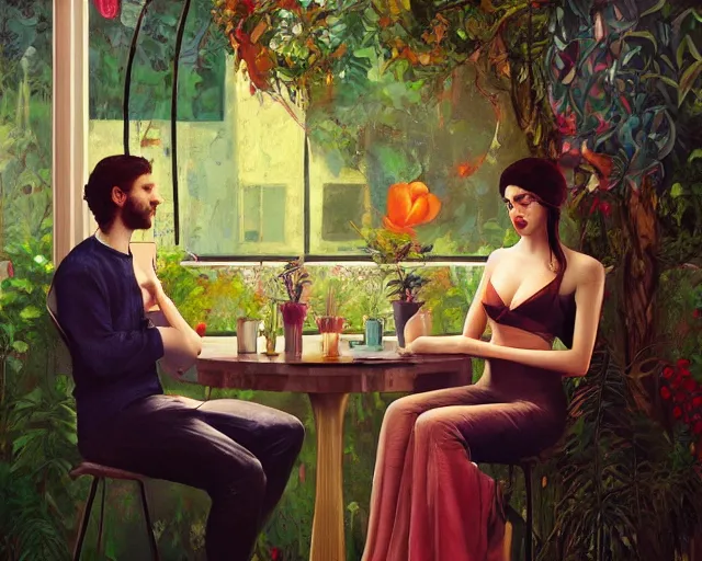 Image similar to an excited couple redefining love in a caffe surrounded by plants, expressionist painting by Francis Bacon, tom bagshaw, mark rothko, artstation