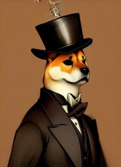 Image similar to portrait of a shiba inu as a gentleman, top hat, intricate, headshot, highly detailed, digital painting, artstation, concept art, sharp focus, cinematic lighting, illustration, art by artgerm and greg rutkowski, alphonse mucha, cgsociety