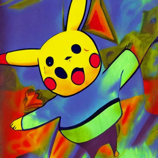 Prompt: psychedelic matte painting of Pikachu by Picasso