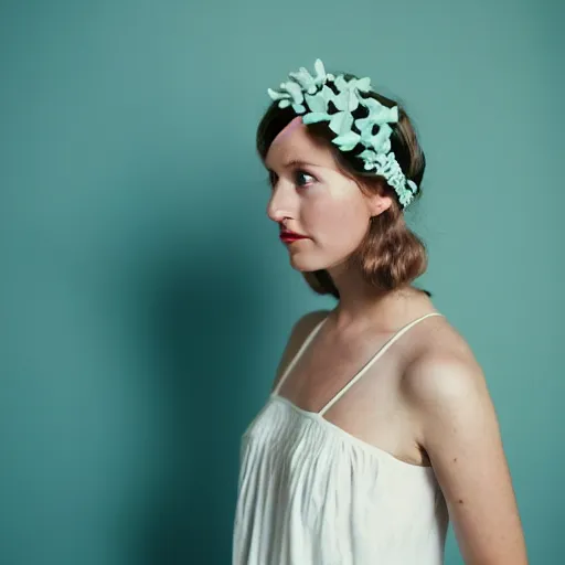 Image similar to a photograph of beautiful nordic woman wearing a white folkdrakt dress, she has a summer flower headband. against a teal studio backdrop. strong kodak portra 4 0 0 film look. film grain. cinematic. in - focus