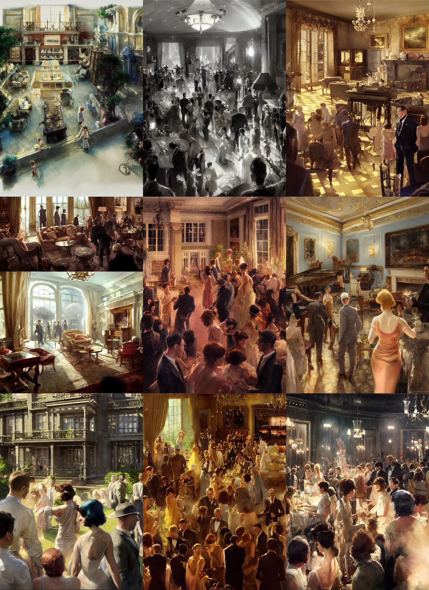 Prompt: craig mullins and ghibli and james gurney detailed realist painting of a 1 9 2 0 s grand party in a beautiful mansion, many partygoers, strong contrast, unreal engine, hyper realism, realistic shading, cinematic composition, realistic render, octane render, detailed textures, photorealistic, close shot, 3 5 mm film