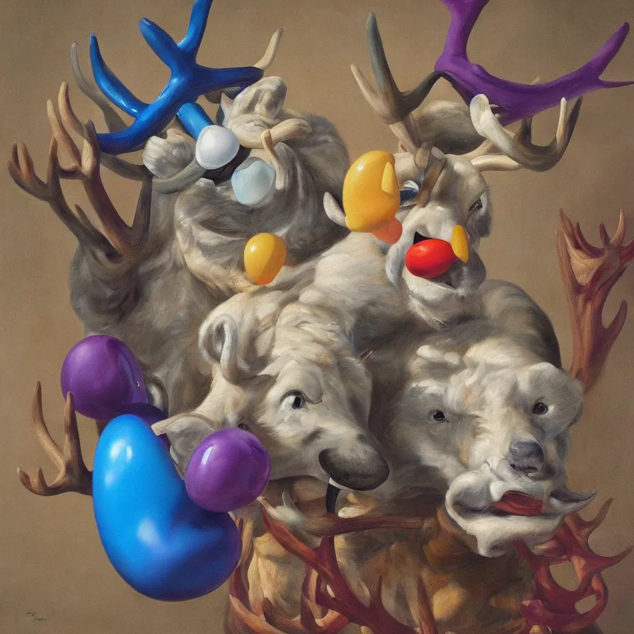 Prompt: rare hyper realistic painting by italian masters, symmetrical composition, studio lighting, dimly lit purple room, a blue rubber duck with antlers laughing at a giant laughing white bear with a clown mask