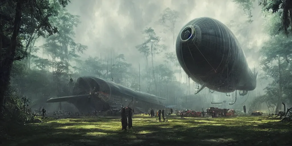 Image similar to airship cyberpunk cinematic masterpiece matte painting, industrial maintenance shuttle vehicle vast botanical gardens, forest, jungle, fps, cinematography, photo, photography, 4 k, by greg rutkowski, roger deakins