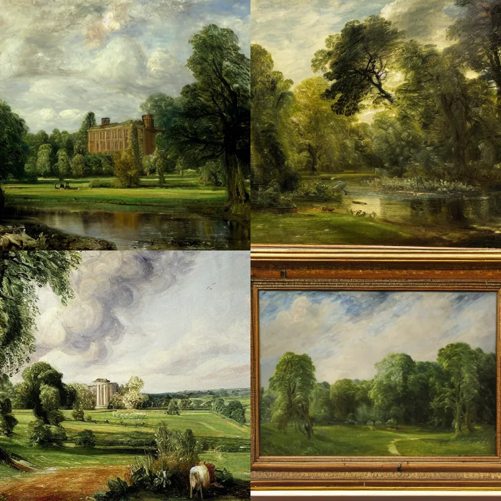 Prompt: Painting of a grand victorian building with surrounding woodland. Detailed, in the style of John Constable