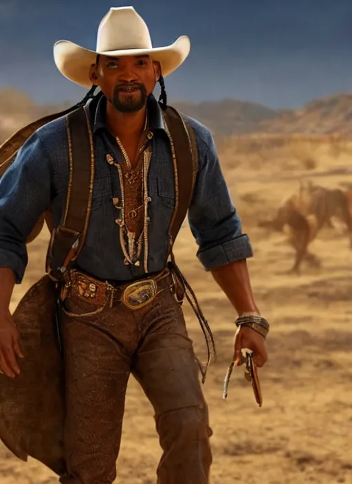 Image similar to an film still of will smith as cowboy with beard, western background, unreal engine. amazing likeness. very detailed.