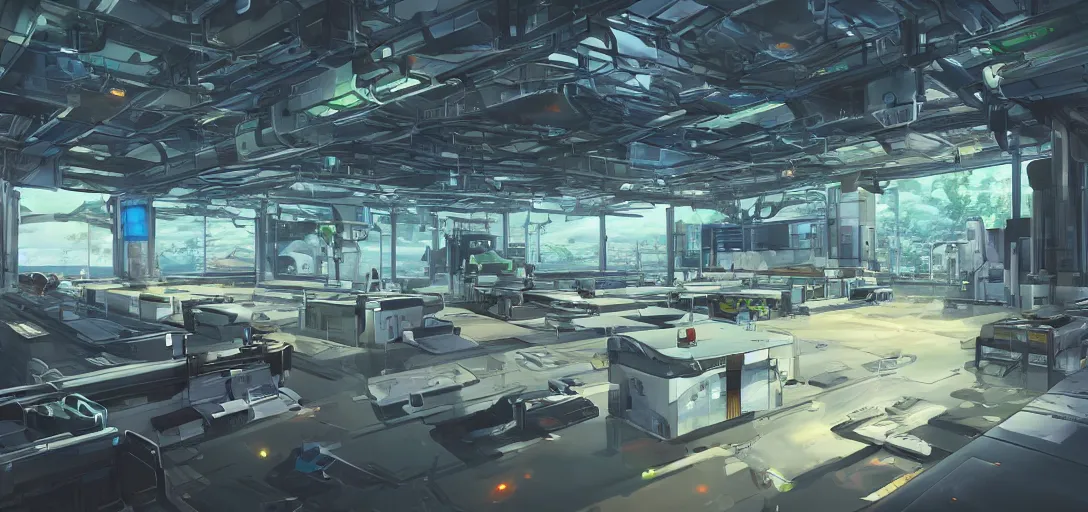 Image similar to a futuristic laboratory built into a farm, flooded fields of water as far as the eye can see, overwatch style, anime inspired, 2d art concept, beautiful render, peaceful, early morning