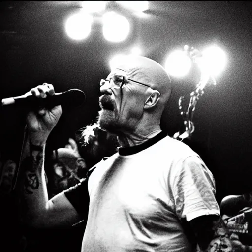 Image similar to Walter white singing at a death metal concert, photography, wide angle, sharp, cinematic