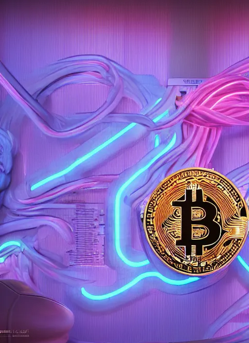 Prompt: bitcoin logo on a futuristic wall, flat, neon, RGB, glowing wires everywhere, pristine, by Edgar Maxence and Ross Tran, Zdzisław Beksiński, and Michael Whelan, gustav dore, H.R. Giger, 8k, octane render