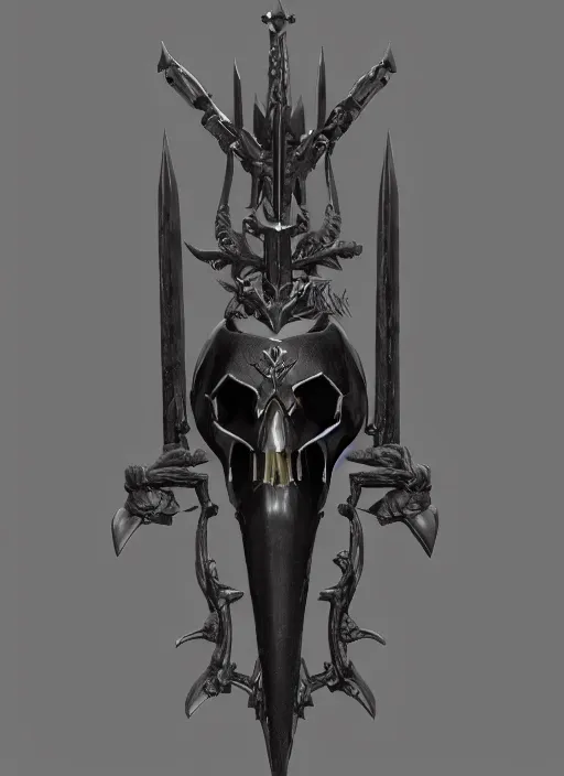 Image similar to a black long sword skull crest, orthographic, ornament, weapon, a 3 d render by dom qwek, front side full, trending on polycount, artstation, hard surface modeling, rendered in maya, zbrush, blender, hd, vray, berserk first person view, symmetry