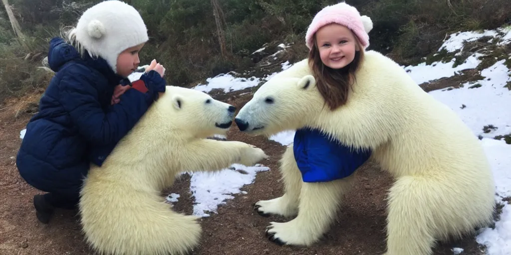 Prompt: A girl and the most honest and cutest polar bear in the world