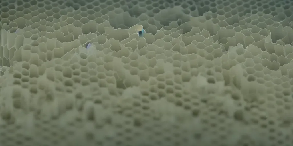 Image similar to a strange huge honeycomb asymmetric melting vases in the white room, film still from the movie directed by denis villeneuve with art direction by zdzisław beksinski, close up, telephoto lens, shallow depth of field