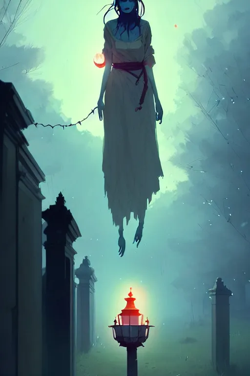 Image similar to a ultradetailed beautiful panting of a lost ghost, roaming a graveyard with lantern, by conrad roset, greg rutkowski and makoto shinkai trending on artstation