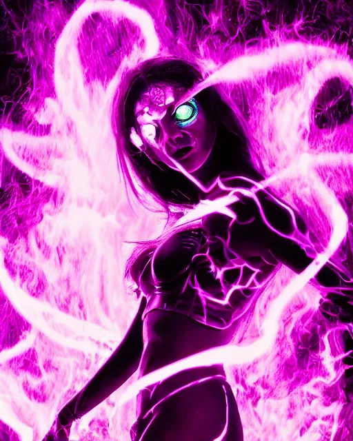 Image similar to pyromancer devil girl cover in purple death flames, deep pyro colors, purple laser lighting, award winning photograph, radiant flares, intricate, various refining methods, micro macro autofocus, evil realm magic painting vibes