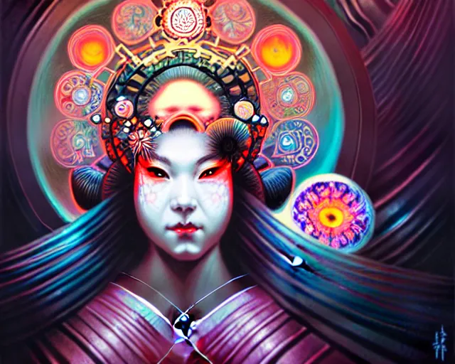 Prompt: a headshot of a geisha offset in the frame, surrounded by fractals, mandalas, cherry blossoms, hadron collider technology, metal gears, swirling bioluminescent energy, art by peter mohrbacher and dan mumford