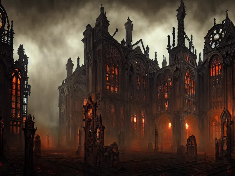 Image similar to steam necropolis, memento mori, gothic, neo - gothic, art nouveau, hyperdetailed copper patina medieval icon, stefan morrell, philippe druillet, ralph mcquarrie, concept art, steampunk, unreal engine, detailed intricate environment, octane render, moody atmospherics, volumetric lighting, ultrasharp, ominous, otherworldly