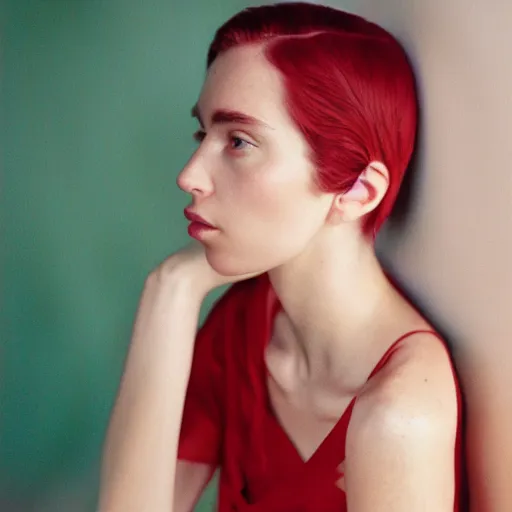 Image similar to realistic! photoshoot for a new balenciaga lookbook, color film photography, portrait of a beautiful woman, photo in style of wes anderson, 35mm