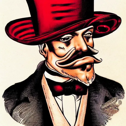 Image similar to portrait of a steampunk gentleman wearing a red top hat by brian bolland