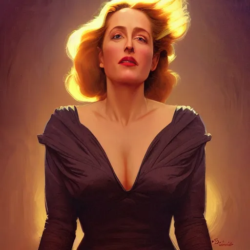 Prompt: Gillian Anderson of NGE dark fantasy, medium shot, intricate, elegant, highly detailed, digital painting, volumetric light, artstation, concept art, smooth, sharp focus, illustration, art by Gil Elvgren and Greg Rutkowski and Alphonse Mucha, 8K