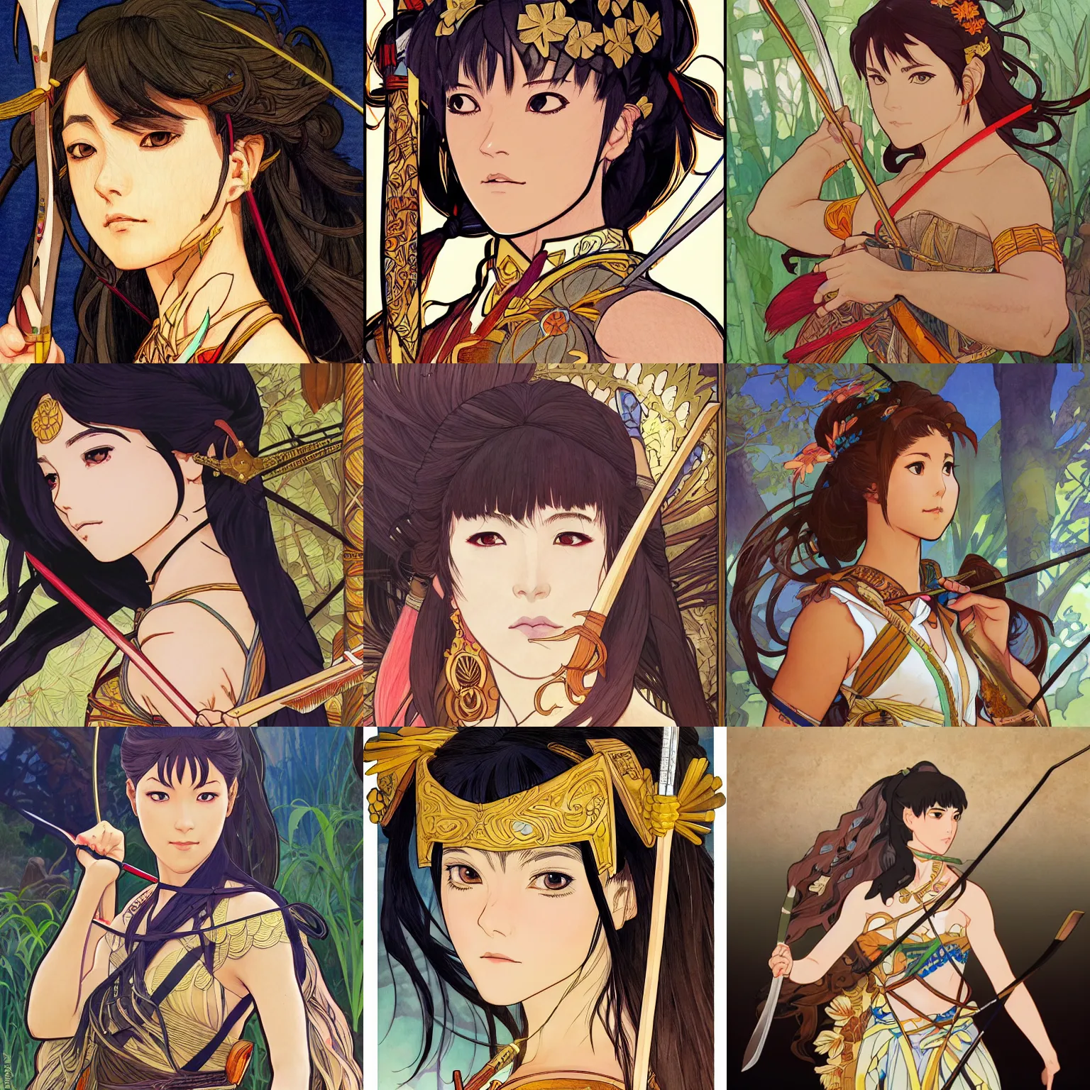Prompt: Character portrait of an Amazon warrior drawing her bow, fantasy, beautiful face, highly detailed, African watercolor, Kyoto Animation anime key visual, by Ilya Kuvshinov and Hayao Miyazaki and Alphonse Mucha