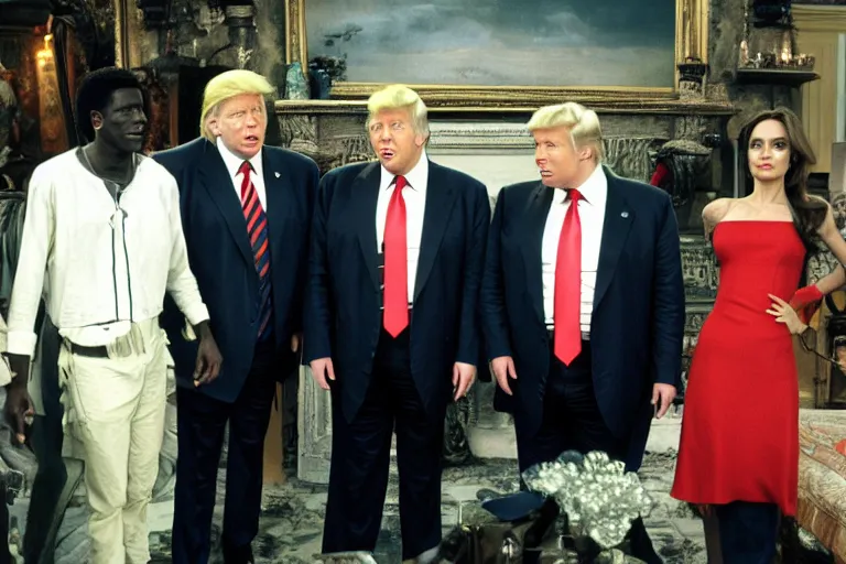 Image similar to Angelina Jolie, Boris Johnson, Mr T, Donald Trump, Wesley Snipes, best friends, on set of Friends TV show, still photo, hyperrealistic, 35mm, 8k, by weta digital