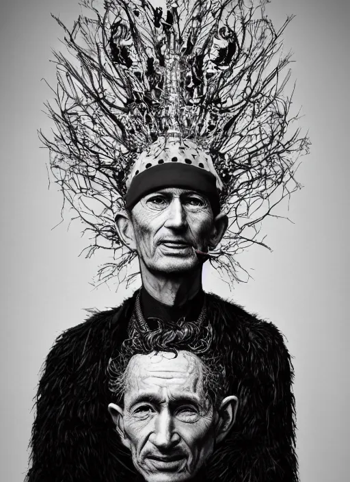 Image similar to a portrait of woody guthrie by erwin olaf and nekro borja, photorealistic, intricate details, hyper realistic, dark fantasy, rococo onyx headpiece, crystals, photorealistic, canon r 3, photography, symmetrical features, symmetrical pose, wide angle shot, head to toe, standing pose, feet on the ground