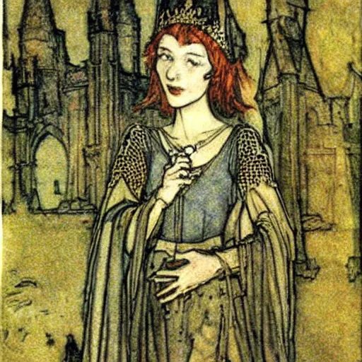 Image similar to beautiful young medieval queen by arthur rackham